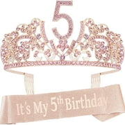 VeryMerryMakering 5th Birthday Sash and Tiara for Girls - Fabulous Glitter Sash + Flowers Rhinestone Pink Premium Metal Tiara for Girls, 5th Birthday Gifts for Princess Party